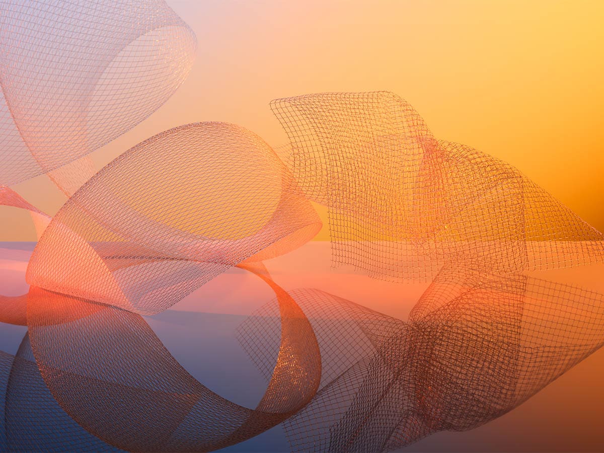 Abstract mesh wireframe shapes representing telecommunications technology, set against an orange gradient background.