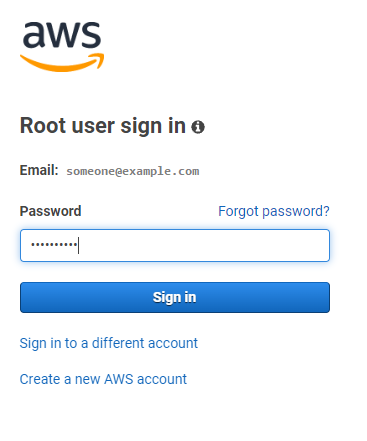 AWS root user sign-in page with email and password fields, and options to sign in or create a new account.