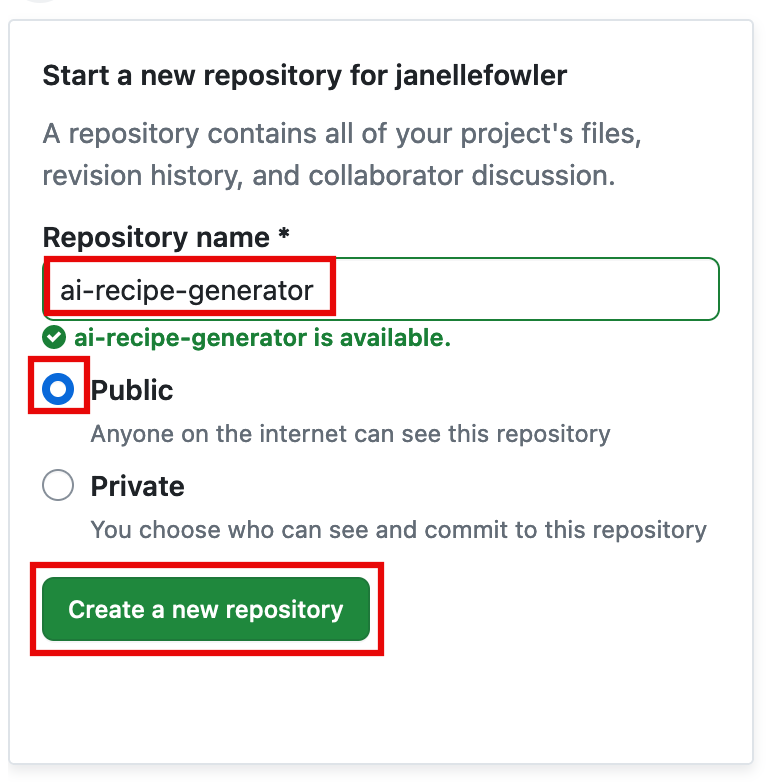 Screenshot showing the GitHub interface for starting a new repository named 'ai-recipe-generator' for the user janellefowler, with the 'Public' option selected and the 'Create a new repository' button highlighted.
