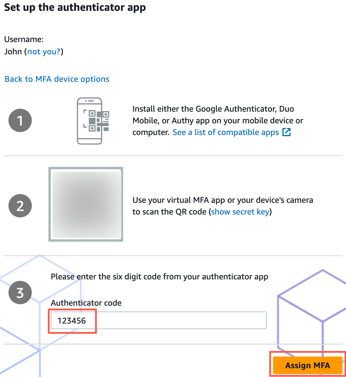 "Setup instructions for an authenticator app, including steps to install an app, scan a QR code, and enter a six-digit code, with a highlighted 'Assign MFA' button."