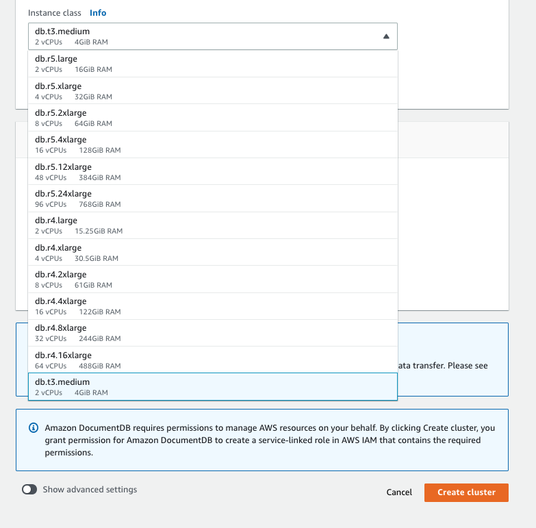 Screenshot showing the instance class selection menu during the creation of an Amazon DocumentDB cluster in the AWS console, including various compute and memory options for instance types.
