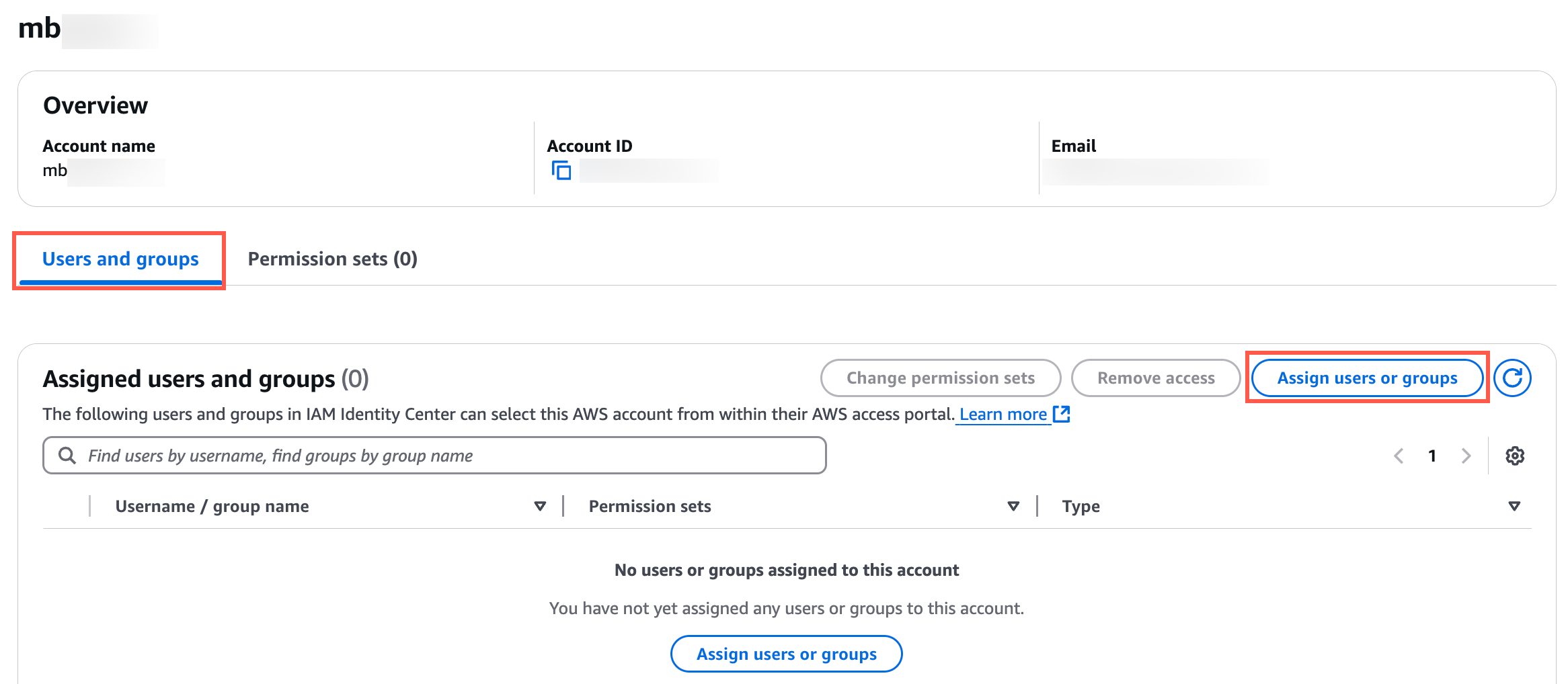AWS account management interface showing the "Users and groups" tab with no users or groups assigned, and an option to "Assign users or groups."