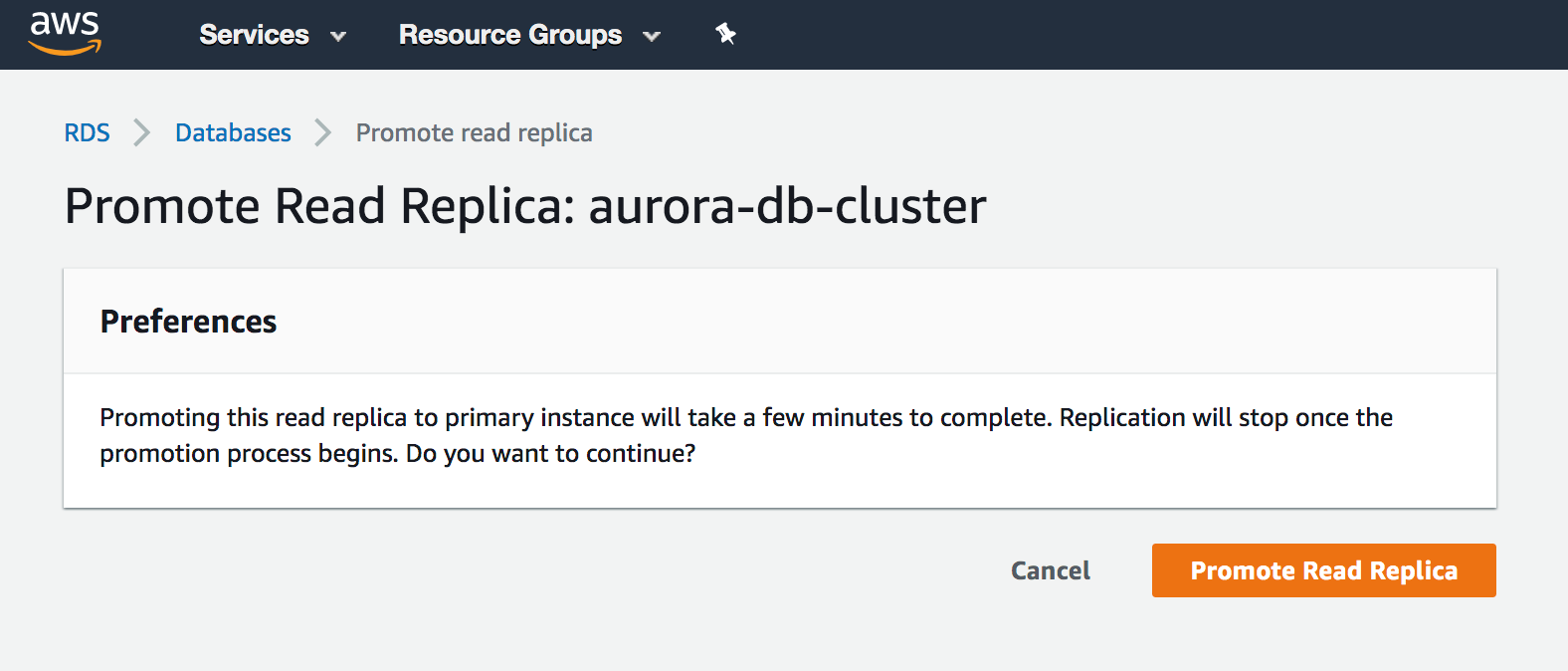 Alt-text: AWS interface showing the option to promote a read replica of "aurora-db-cluster" to a primary instance, with a warning about replication stopping during the process and buttons for "Cancel" and "Promote Read Replica."