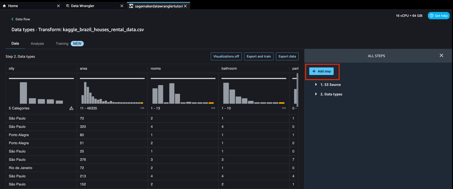 Screenshot of AWS SageMaker Data Wrangler interface showing data transformation for a CSV file, with histograms and data columns for city, area, rooms, bathrooms, and parking, and an "Add step" button highlighted.
