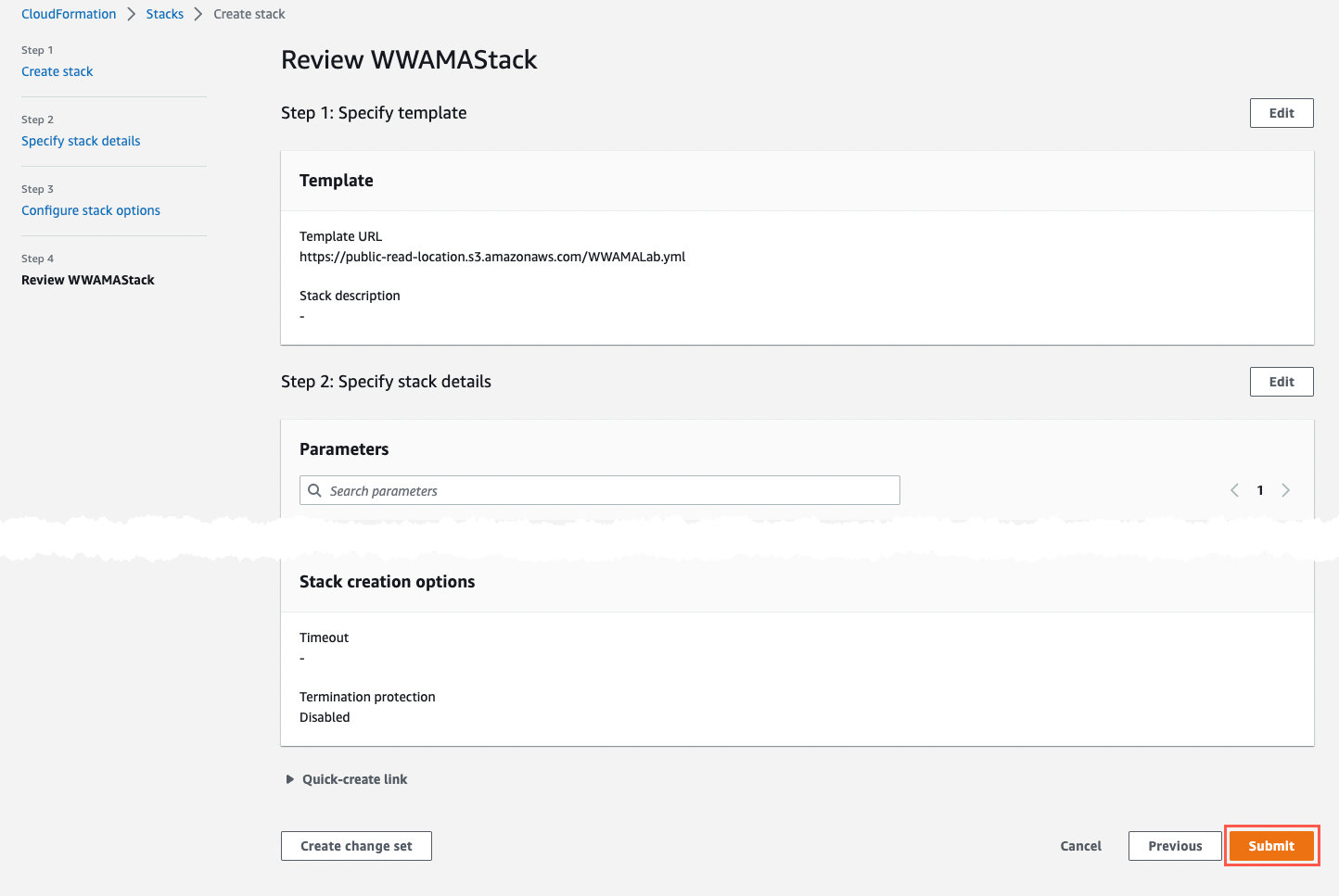 Screenshot of the AWS CloudFormation console showing the 'Review WWAMAStack' step for creating a stack, specifying template and stack details, with the Submit button highlighted.