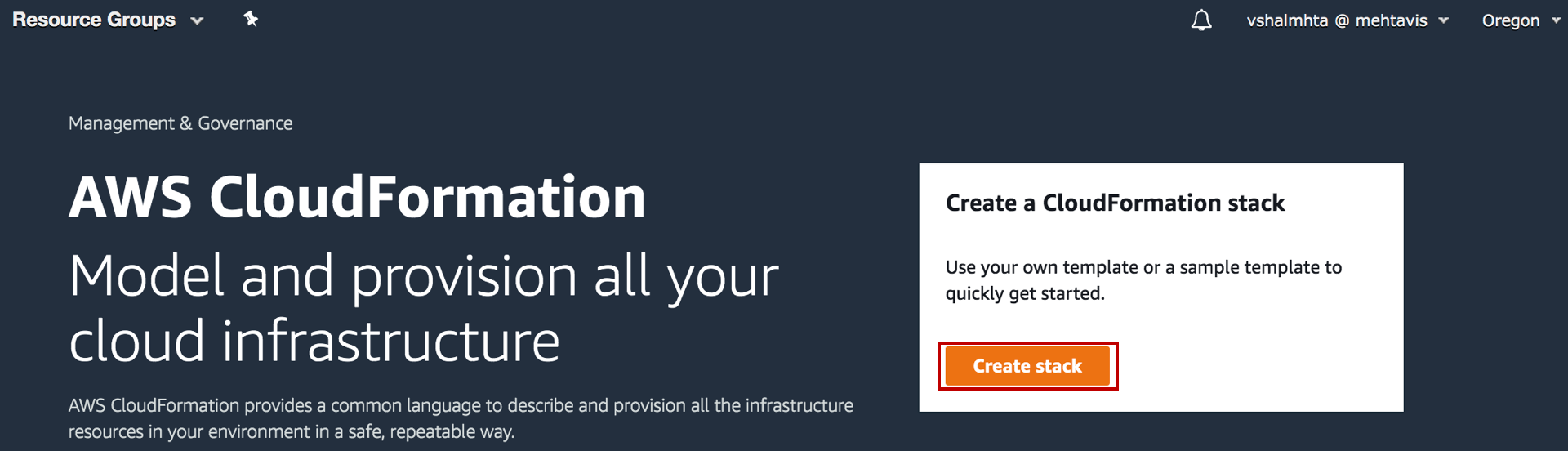 AWS CloudFormation interface with a "Create stack" button to model and provision cloud infrastructure.