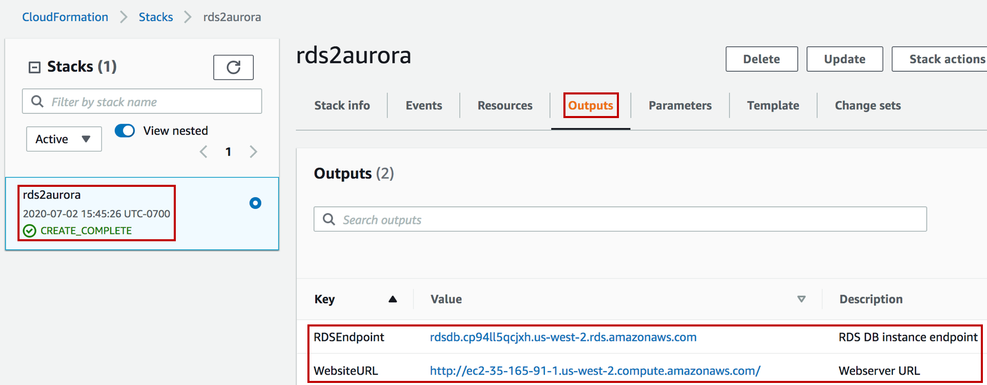 AWS CloudFormation console showing a stack named "rds2aurora" with a status of "CREATE_COMPLETE" and outputs including an RDS DB instance endpoint and a webserver URL.