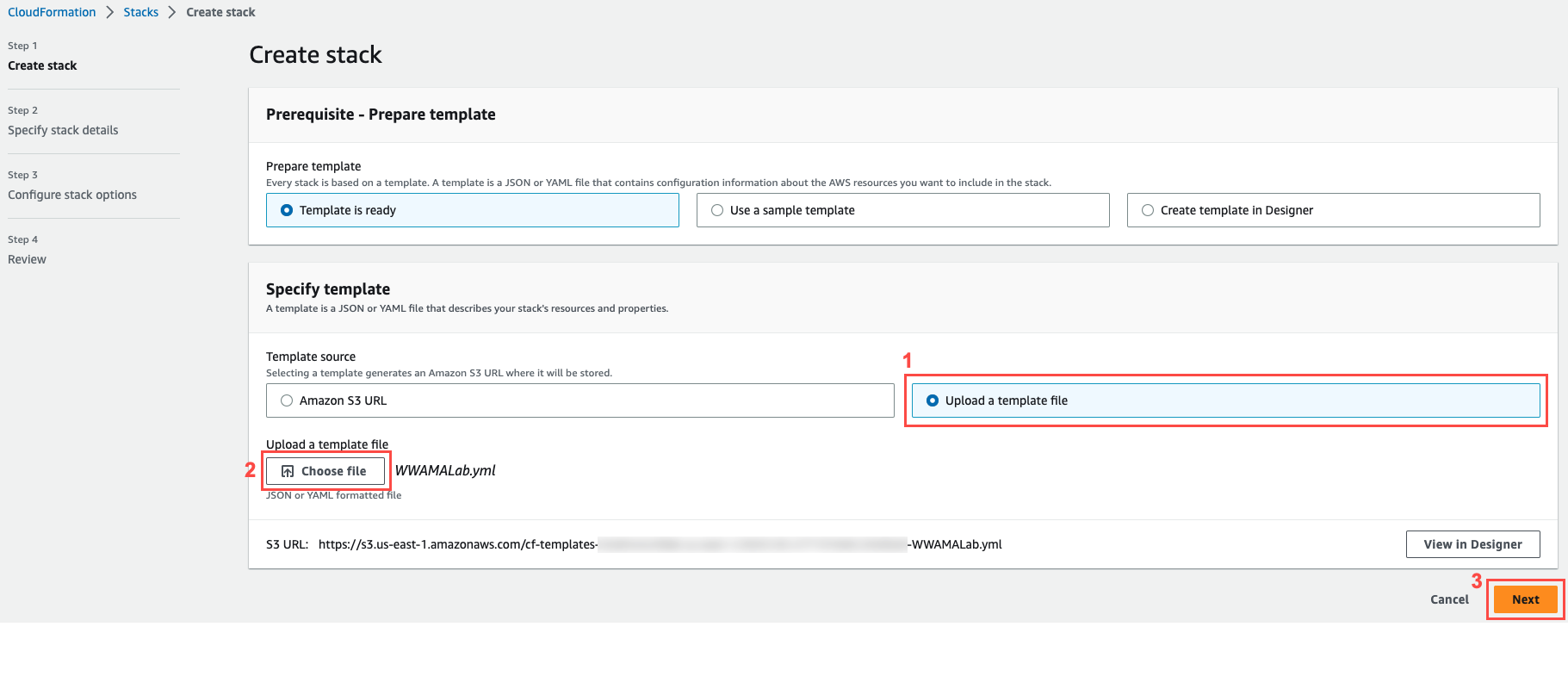 Screenshot of the AWS CloudFormation 'Create stack' page showing the process to upload a template file for creating a stack, with steps to select 'Upload a template file,' choose a file, and proceed to the next step.