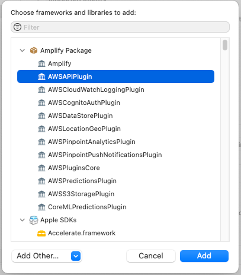 Screenshot showing the selection of AWS Amplify plugins, including AWSAPIPlugin, in the process of building an iOS app. The image demonstrates the frameworks and libraries list within the Amplify Package manager used in an AWS Amplify tutorial for iOS development.