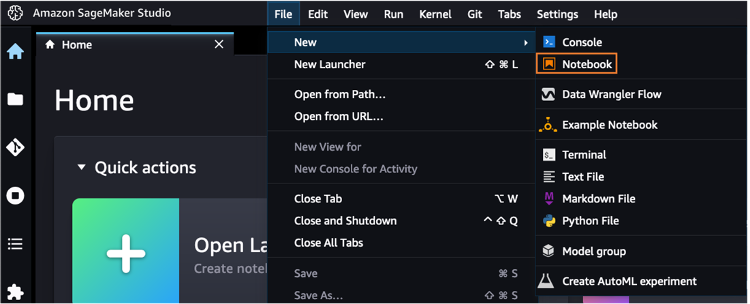 Screenshot of Amazon SageMaker Studio showing the File > New > Notebook menu to create a new notebook within the application.