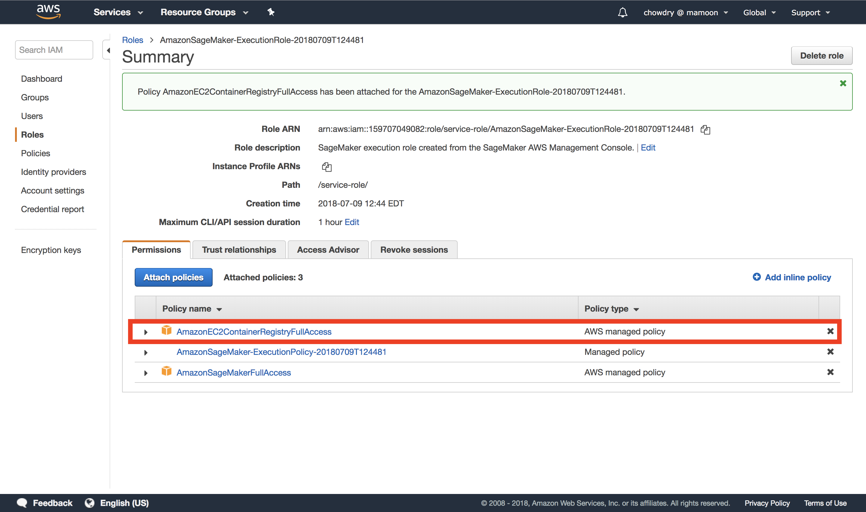 Screenshot of the AWS IAM console showing the summary of an IAM role for Amazon SageMaker with attached policies including AmazonEC2ContainerRegistryFullAccess, AmazonSageMaker-ExecutionPolicy, and AmazonSageMakerFullAccess.