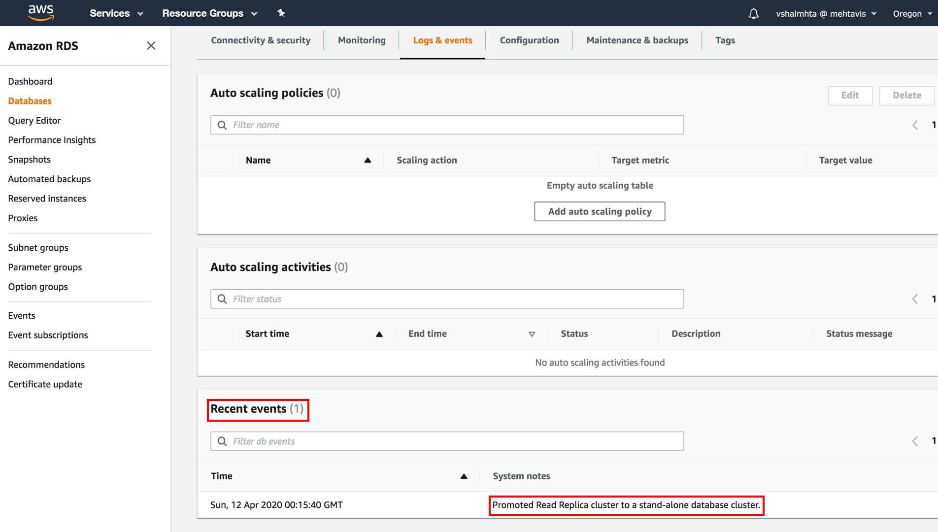 AWS RDS console showing no auto-scaling policies or activities, with one recent event indicating a Read Replica cluster was promoted to a standalone database cluster.