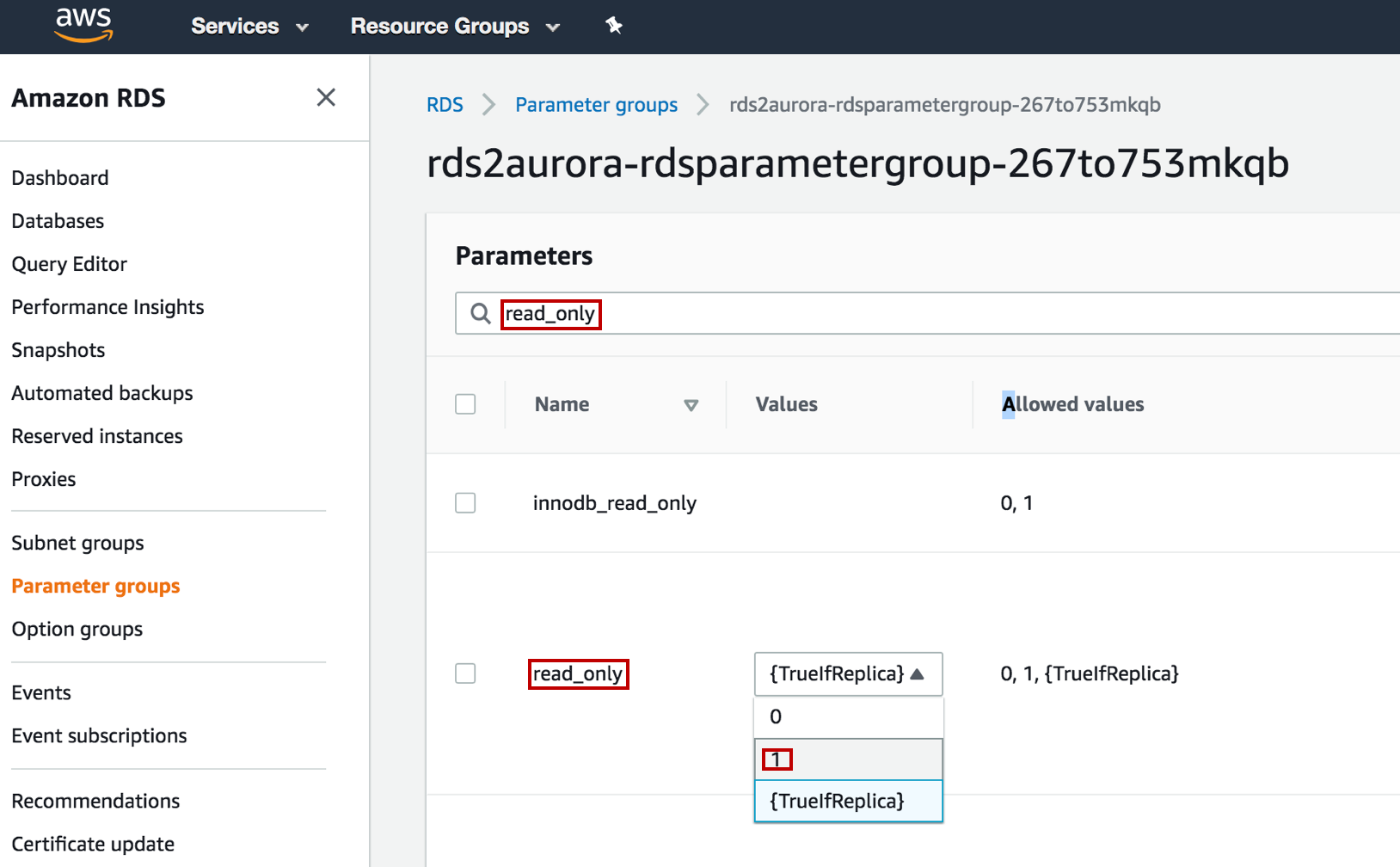 Amazon RDS parameter group interface showing a search for "read_only" with editable values and allowed options for parameters.