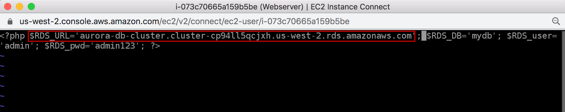 Alt-text: A code snippet displayed in an AWS EC2 Instance Connect terminal, showing PHP variables for an RDS database connection including URL, database name, username, and password.