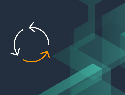 A stylized diagram for an AWS App Mesh workshop, featuring a circular arrow graphic on a geometric background.
