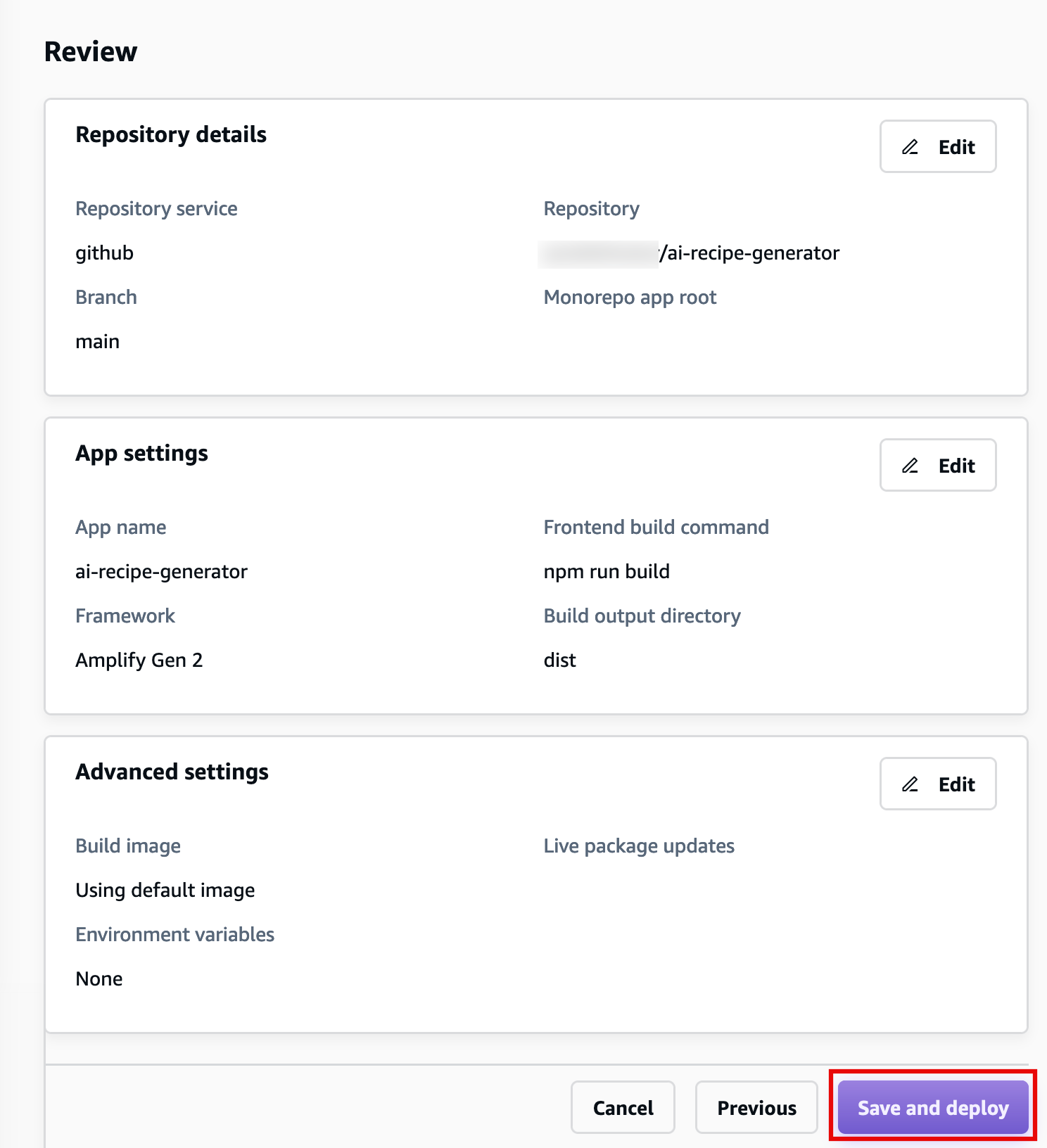 Screenshot of the AWS Amplify Gen 2 app deployment interface showing review sections for repository details, app settings, and advanced settings, with a highlighted 'Save and deploy' button.
