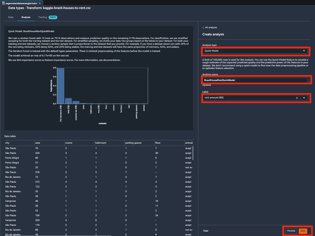 Alt-text: A data analysis interface showing a bar chart of feature importance, a data table with housing attributes, and a panel for creating a "Quick Model" analysis with highlighted fields for analysis type, name, and label.