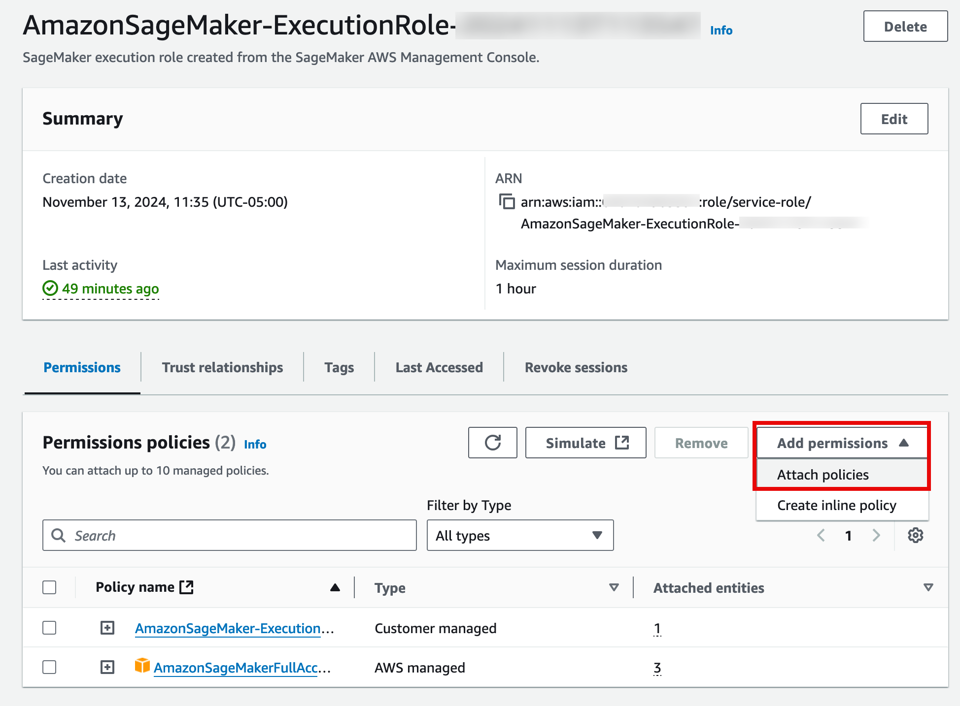 Alt-text: AWS SageMaker execution role management interface showing summary details, permissions policies, and options to add or attach policies.