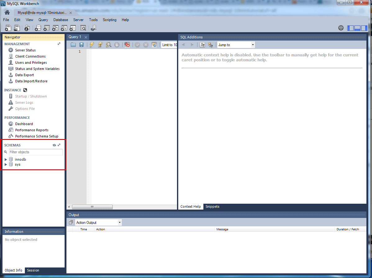 Screenshot of MySQL Workbench interface showing the Navigator panel with schemas "innodb" and "sys," an empty query editor, and the output and context help sections.