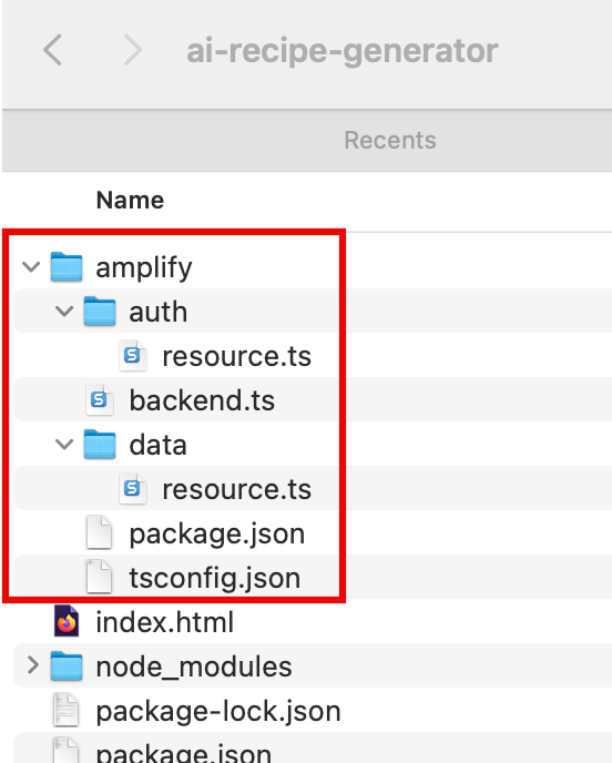 Screenshot showing the directory structure of the 'ai-recipe-generator' project, highlighting the 'amplify' folder with 'auth' and 'data' subfolders, and files such as resource.ts, backend.ts, package.json, and tsconfig.json.