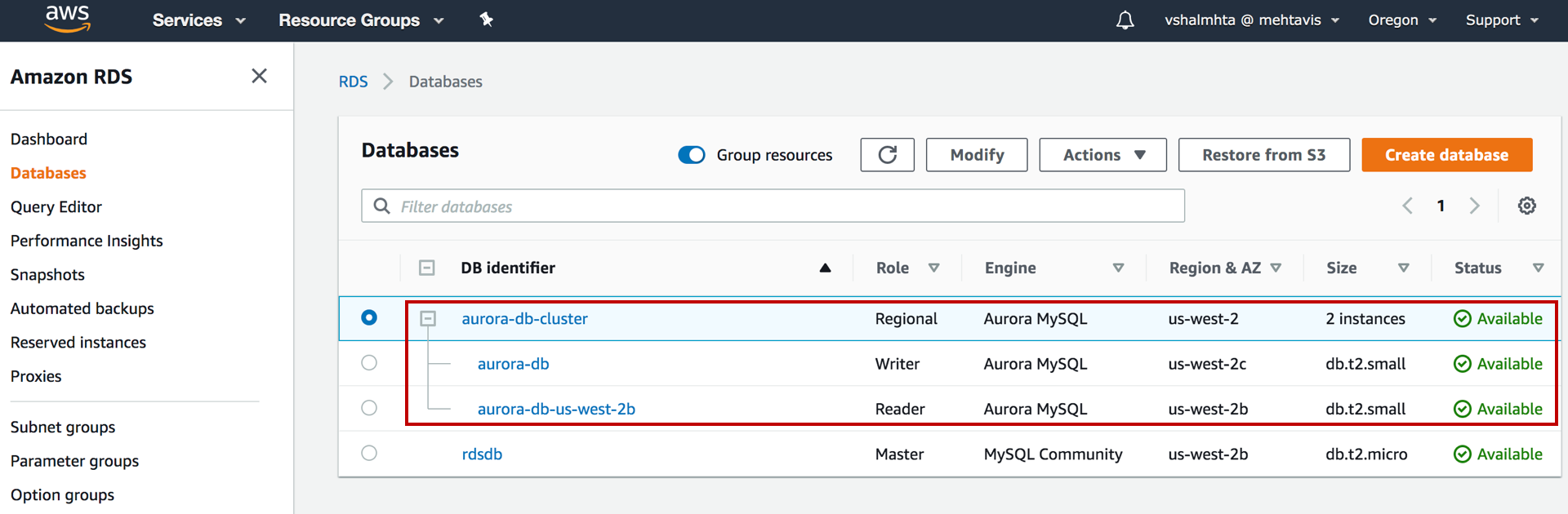 AWS RDS console showing a list of databases, including an Aurora MySQL cluster with two instances, both marked as "Available."