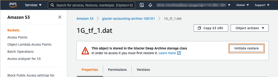 Screenshot of the Amazon S3 console showing an object stored in the Glacier Deep Archive storage class with an 'Initiate restore' option highlighted. This page demonstrates how to restore an archived object in AWS S3.