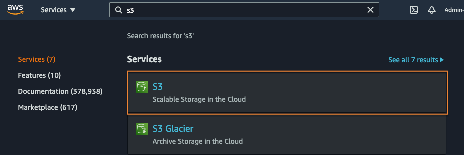 Screenshot of the AWS Management Console showing search results for 'S3', highlighting Amazon S3 (Scalable Storage in the Cloud) and S3 Glacier (Archive Storage in the Cloud) services.