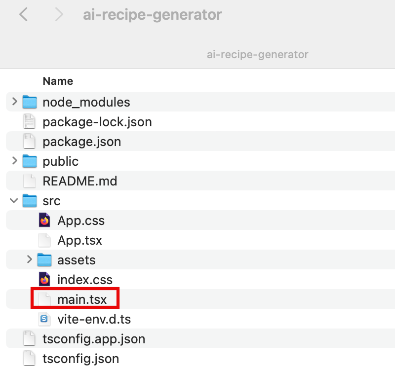Screenshot showing the file structure of the 'ai-recipe-generator' project with the 'main.tsx' file highlighted within the 'src' folder, as part of a tutorial step for building a serverless web app using generative AI.