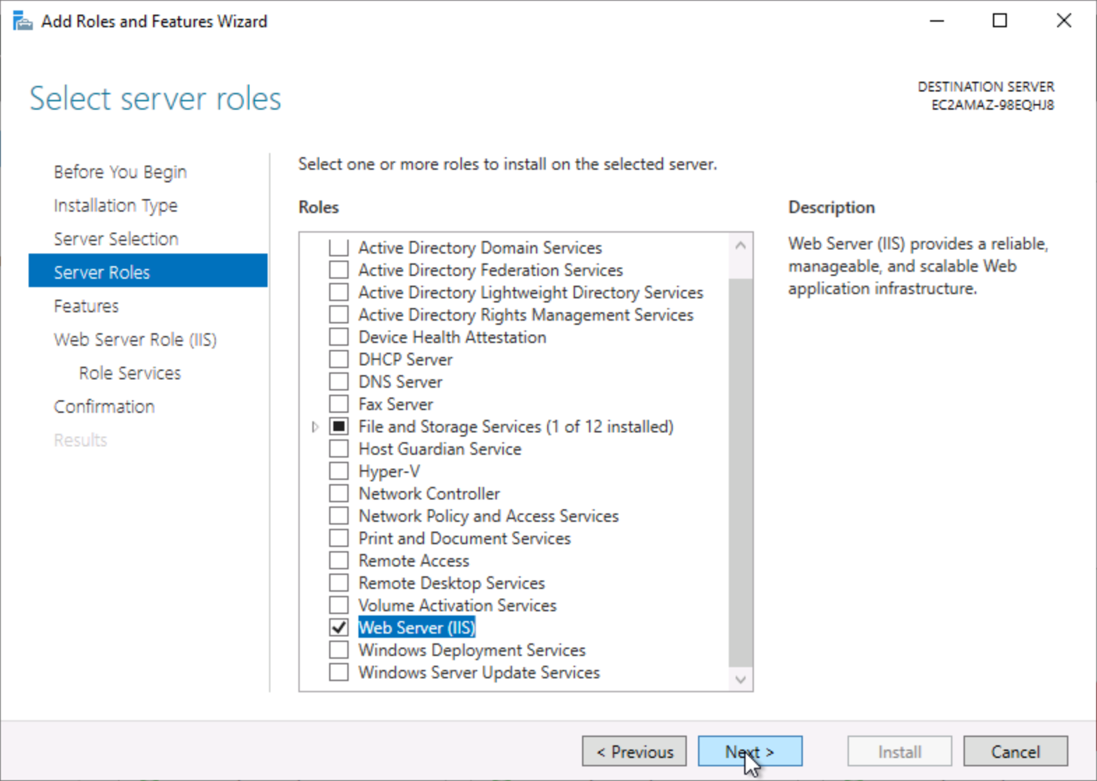 "Windows Server Add Roles and Features Wizard showing 'Web Server (IIS)' selected under server roles with a description on the right."