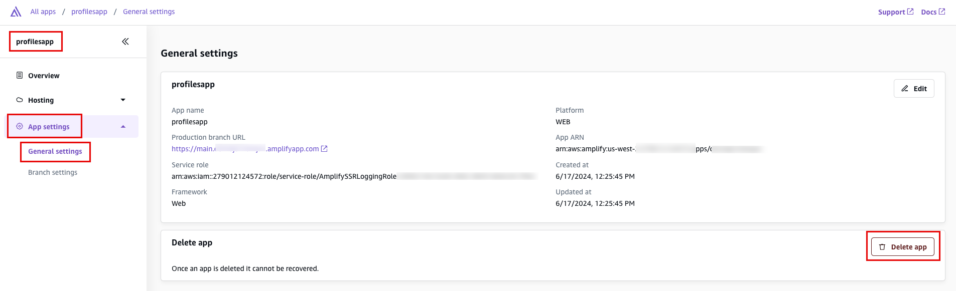 Screenshot of the AWS Amplify Console showing the General Settings page for an app named 'profilesapp', highlighting the 'Delete app' option under App settings.