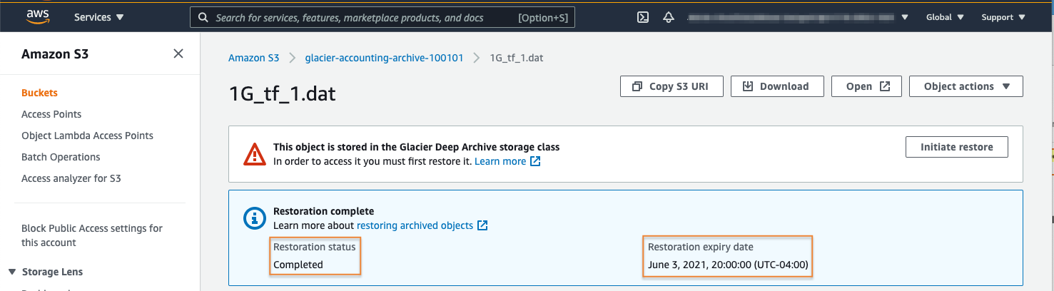 Screenshot of the Amazon S3 console showing a file stored in the Glacier Deep Archive storage class with restoration complete status and the restoration expiry date displayed.