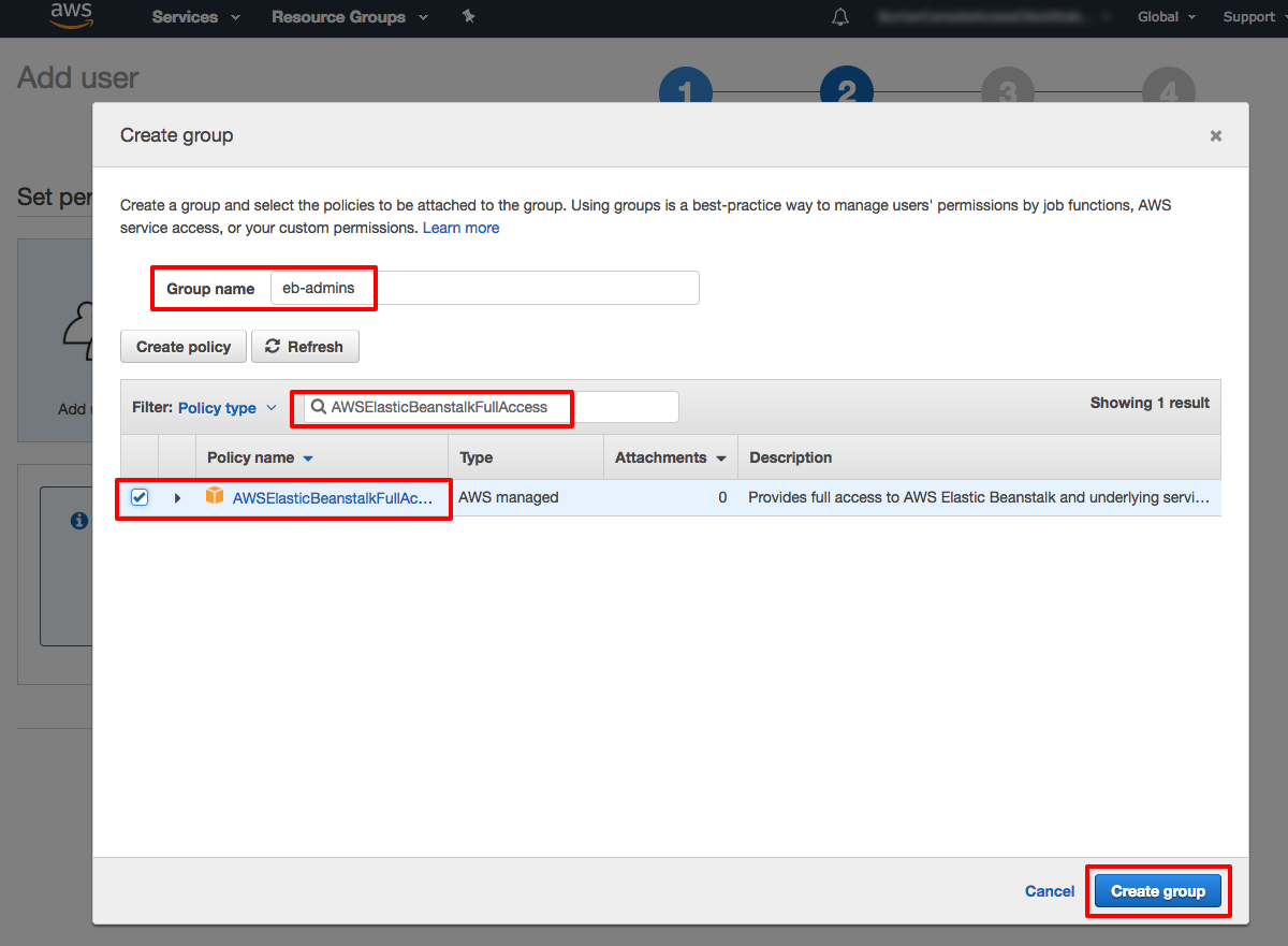 Screenshot of the AWS Identity and Access Management (IAM) console showing how to create a group named 'eb-admins' with the 'AWSElasticBeanstalkFullAccess' policy selected, granting full access to AWS Elastic Beanstalk and its underlying services.