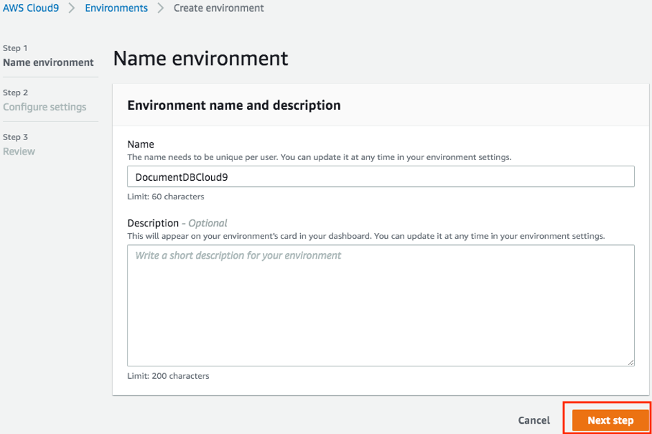 Screenshot of the 'Name environment' step in the AWS Cloud9 environment creation process, showing the environment name set as 'DocumentDBCloud9' and options to add a description or proceed to the next step.