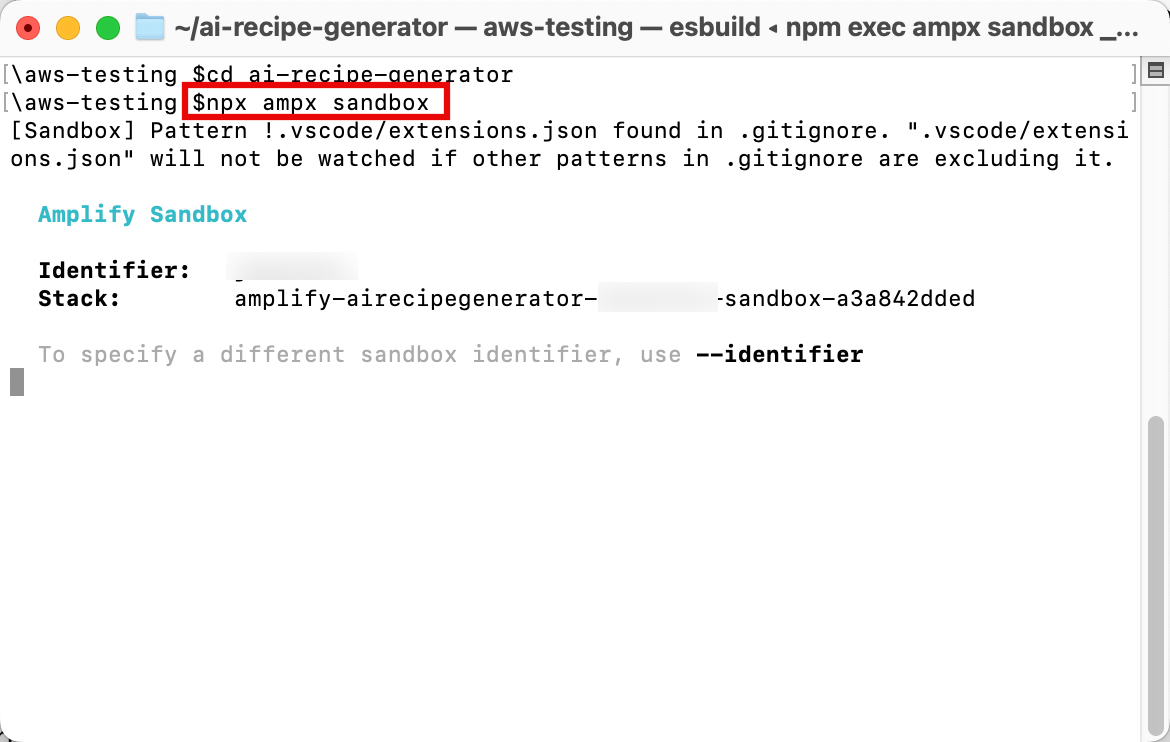 Screenshot showing an example of using the 'npx ampx sandbox' command in a terminal for AWS Amplify Sandbox, including identifier and stack information.