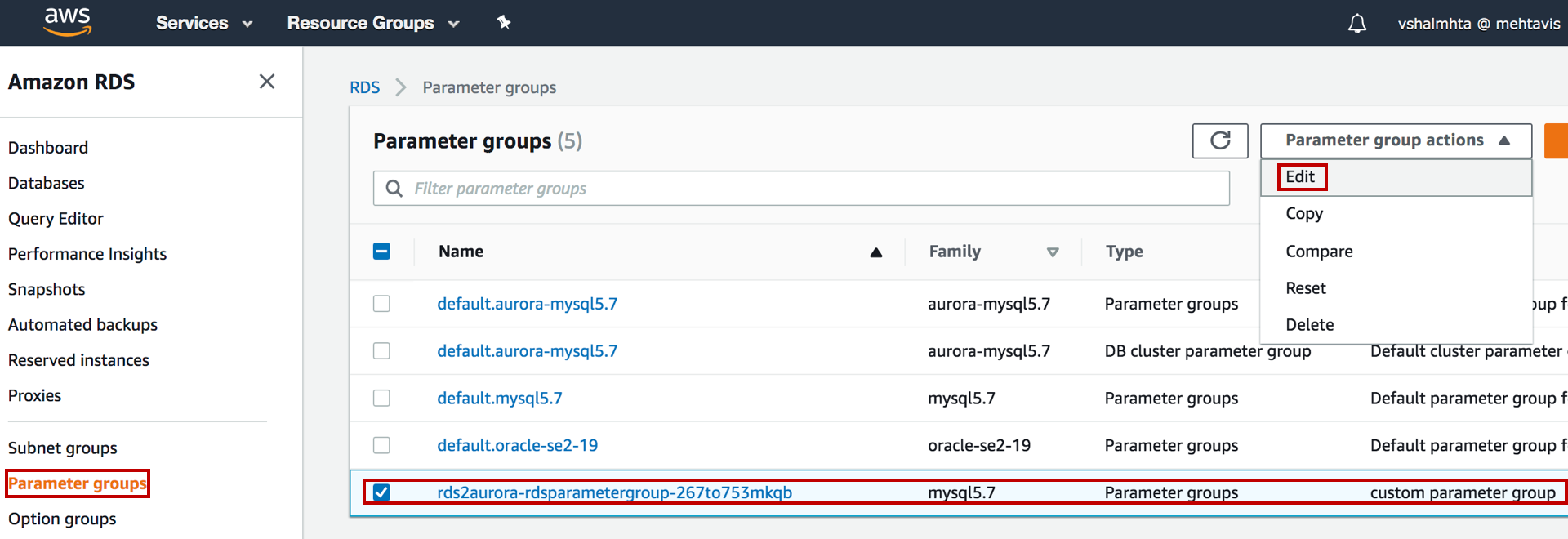 AWS RDS console showing the "Parameter groups" section with a selected custom parameter group and the "Edit" option highlighted in the dropdown menu.
