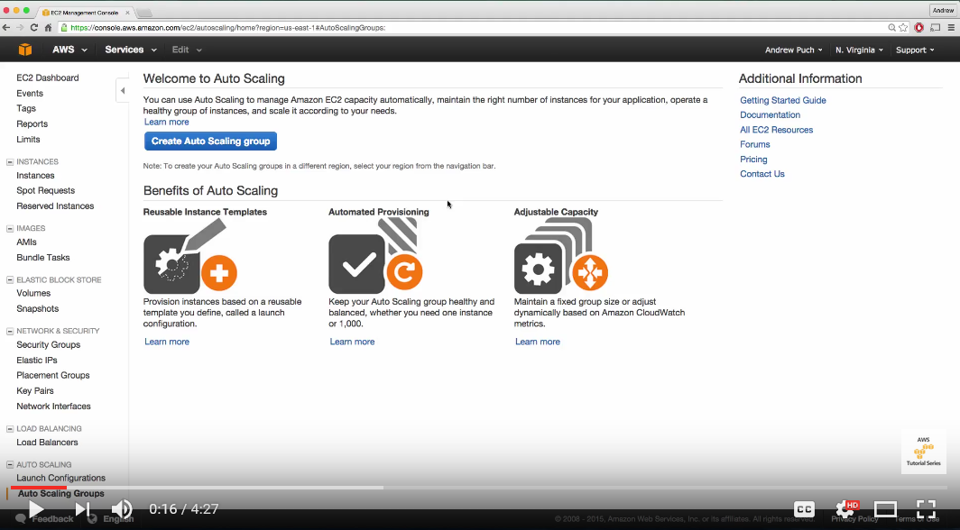 Screenshot of the AWS EC2 Auto Scaling dashboard highlighting the benefits of auto scaling, including reusable instance templates, automated provisioning, and adjustable capacity, as displayed in the AWS Management Console.