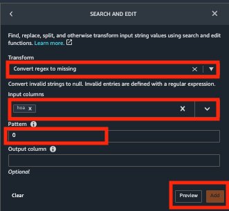 Alt-text: A "Search and Edit" interface with options to transform data using regex, specifying input columns, a pattern field set to "0," and buttons for preview and add.