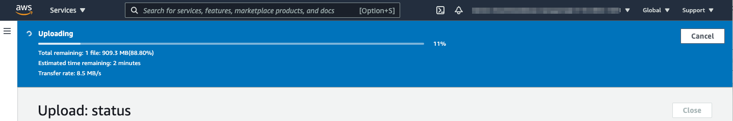 Screenshot showing the upload status interface for Amazon S3 Glacier storage classes in the AWS console, displaying uploading progress, remaining file size, estimated time, and transfer rate.