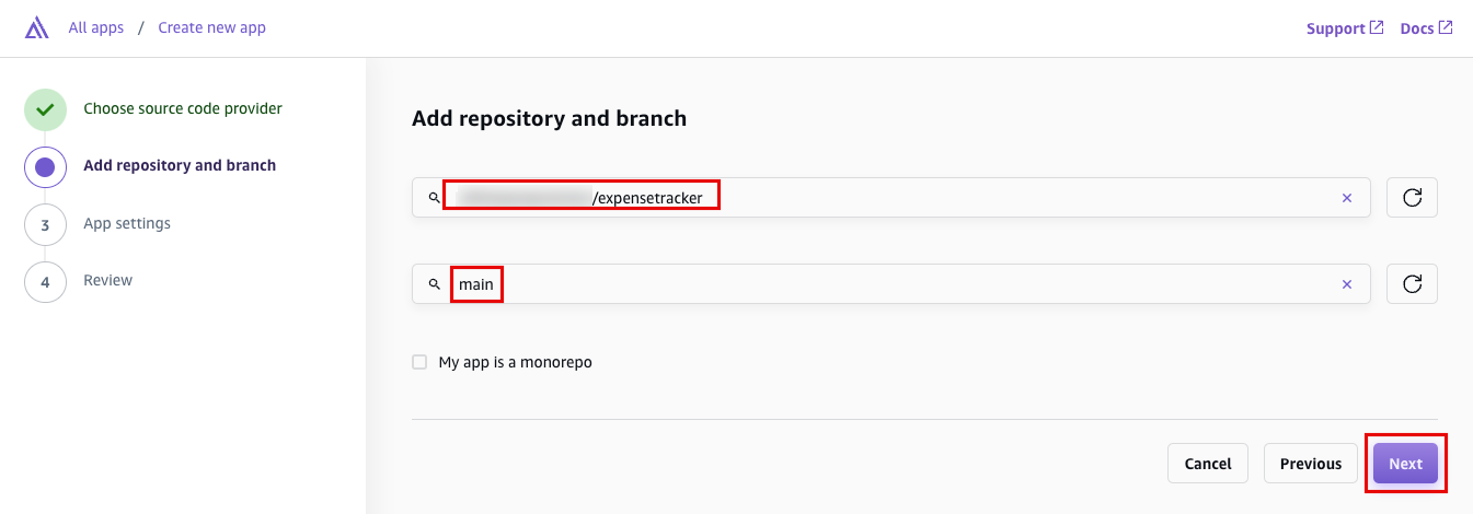Screenshot showing the 'Add repository and branch' step in the process of creating a new app with AWS Amplify. The user is selecting a Git repository and the 'main' branch before proceeding to the next step.