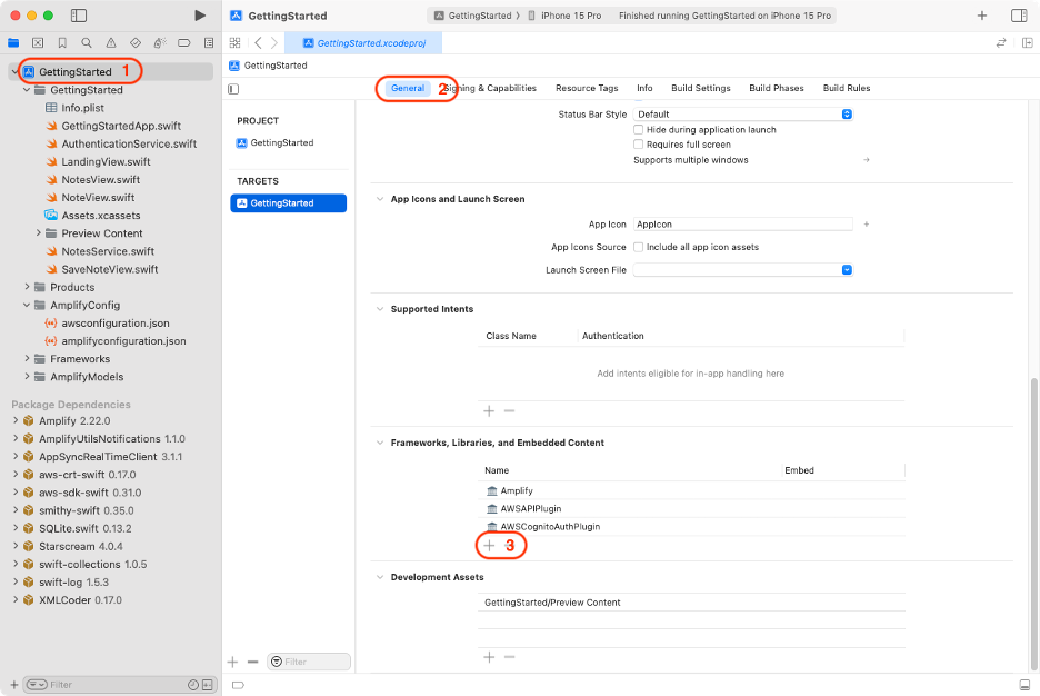 Screenshot of the Xcode General tab, illustrating framework and dependency setup for the 'GettingStarted' iOS app in the AWS Amplify tutorial, Module 5. Shows sections for app icons, supported intents, frameworks/libraries (Amplify, AWSAPIPlugin, AWSCognitoAuthPlugin), and package dependencies on the left panel.