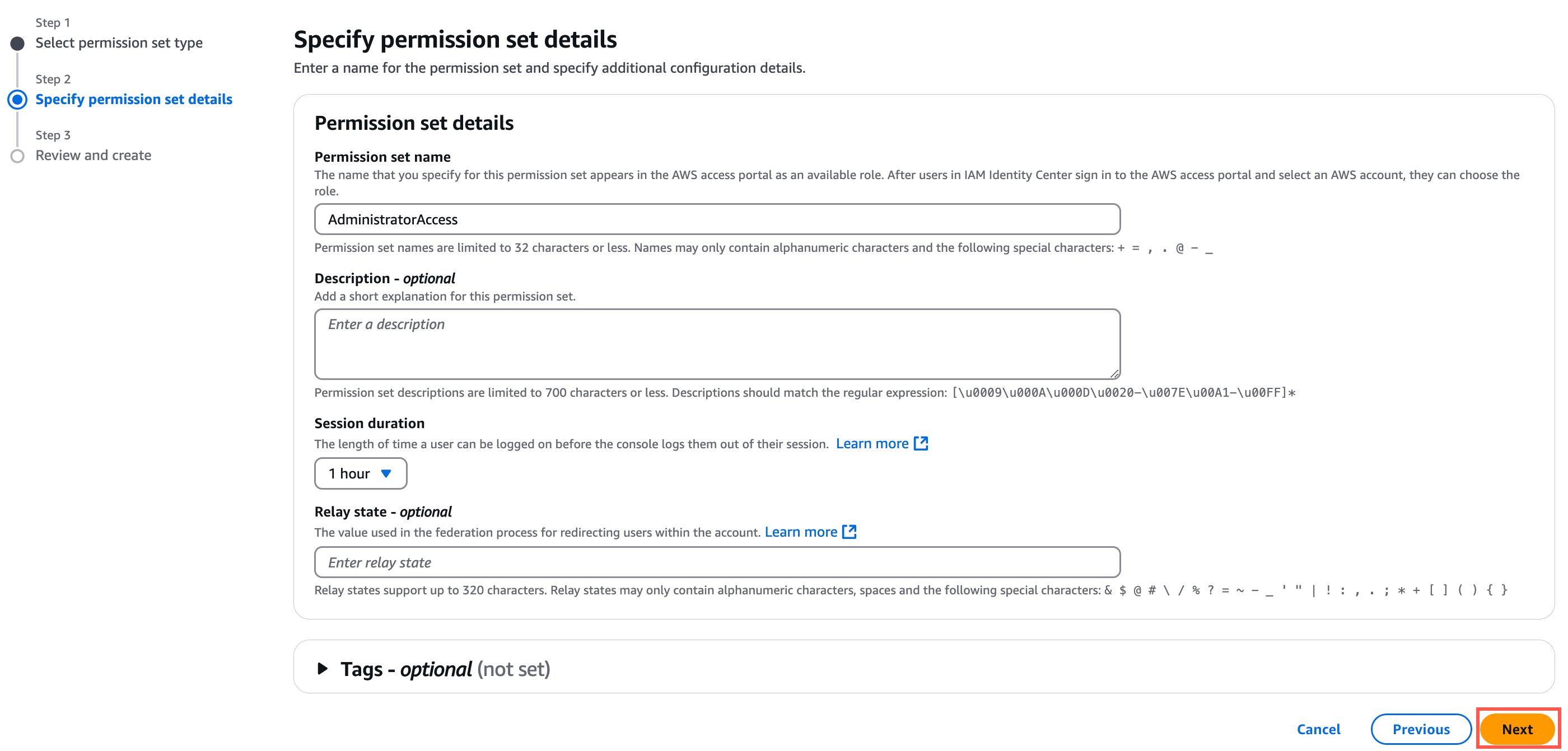 A form interface in AWS for specifying permission set details, including fields for permission set name, description, session duration, relay state, and optional tags, with a "Next" button highlighted.