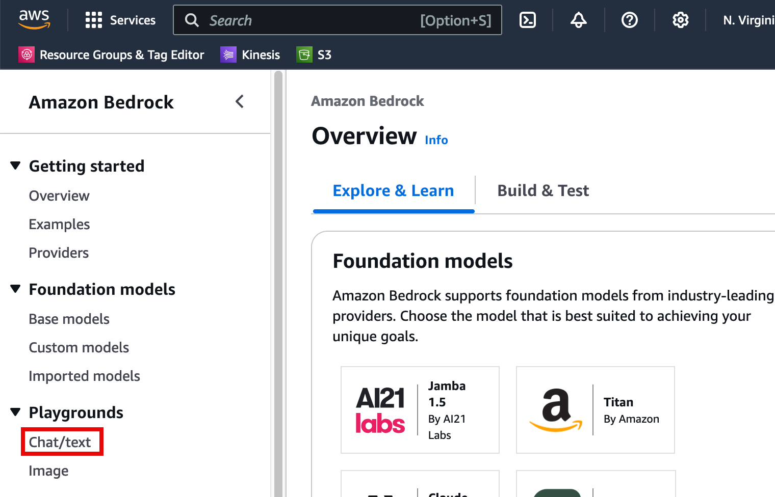 Alt-text: Amazon Bedrock interface showing navigation options on the left, including "Playgrounds" with "Chat/text" highlighted, and foundation model options on the right.