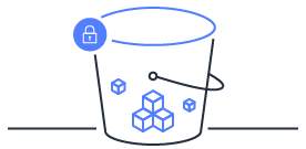 An illustration of an Amazon S3 bucket with a security lock icon, symbolizing secure or protected storage.