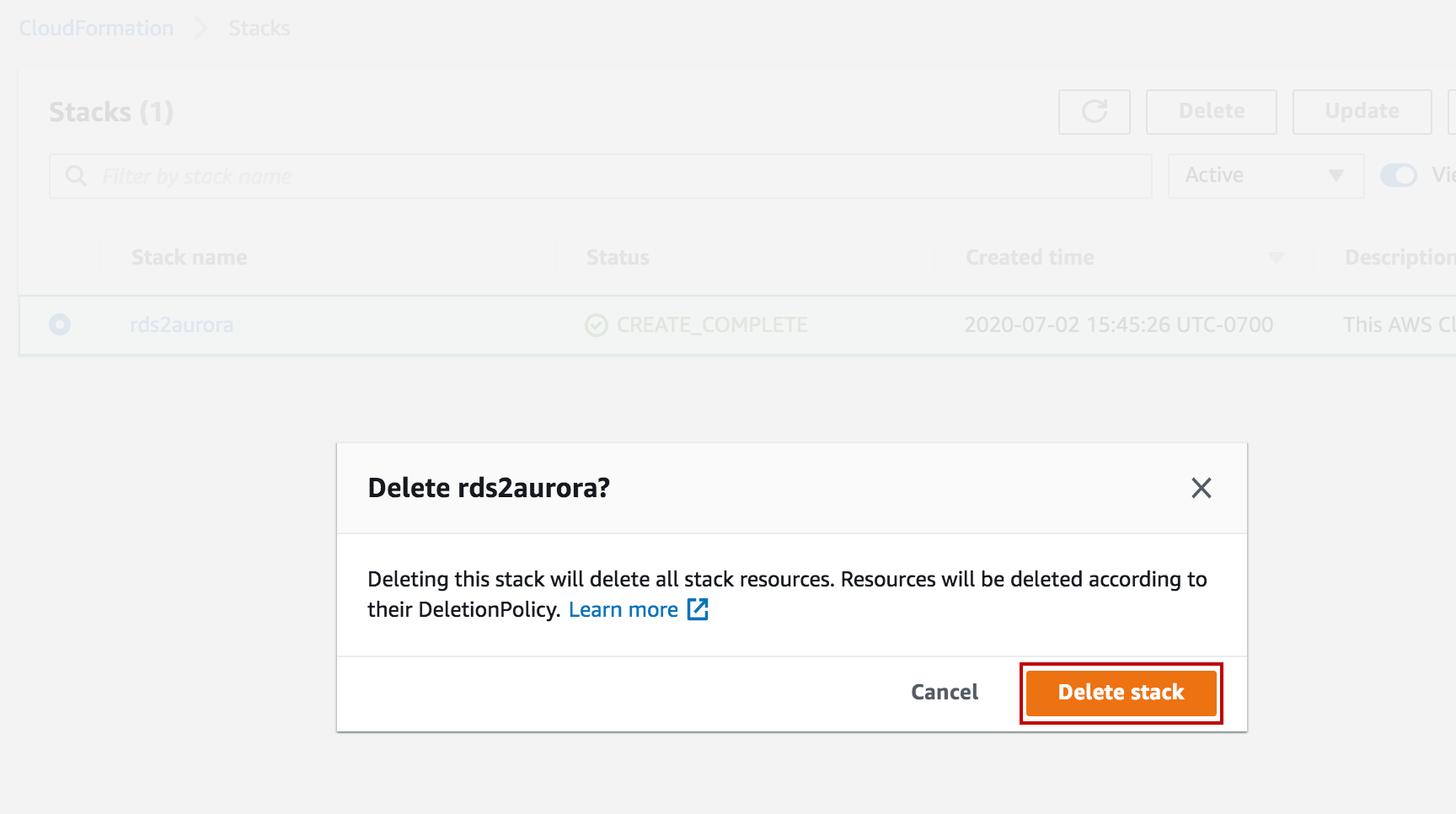 Confirmation dialog in AWS CloudFormation asking to delete the "rds2aurora" stack, with options to cancel or delete the stack.