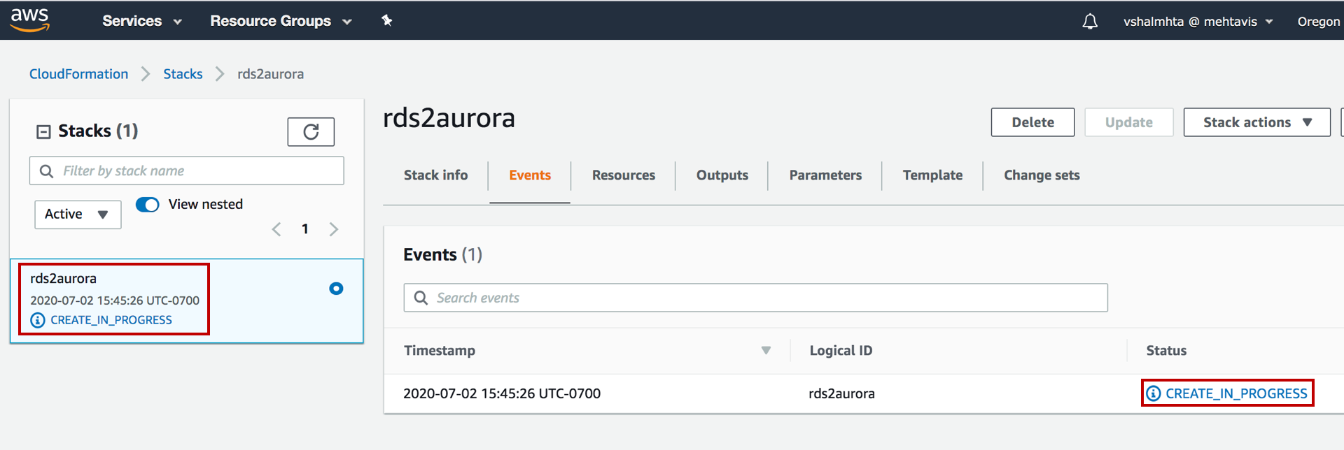 AWS CloudFormation interface showing a stack named "rds2aurora" with status "CREATE_IN_PROGRESS" and event details.