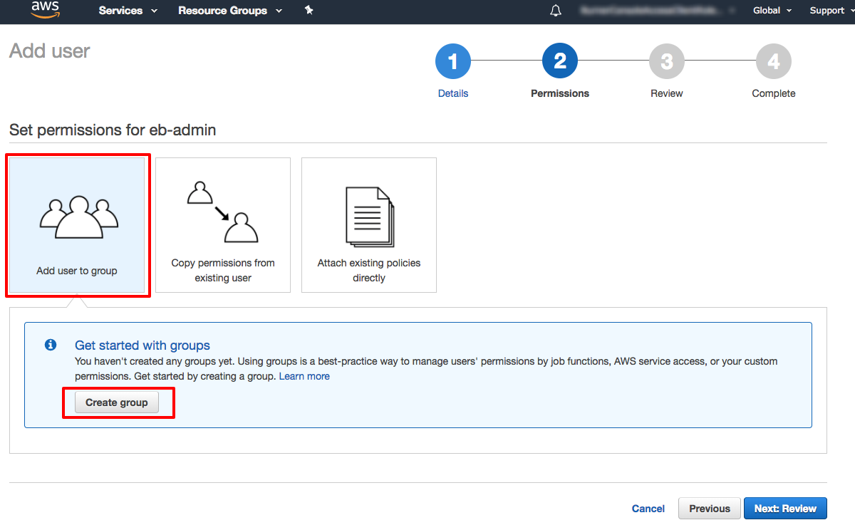 Screenshot of the AWS Management Console showing the step to add a user to a group when setting permissions, highlighting the 'Add user to group' option and the 'Create group' button during the IAM user creation process.