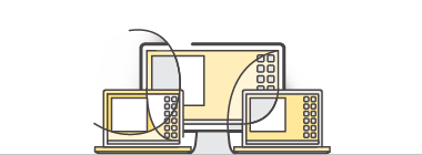 An abstract illustration of three laptops representing digital collaboration and teamwork.
