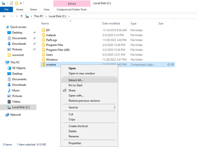 Screenshot showing the extraction of files from a compressed folder in Windows Explorer, as part of migrating an ASP.NET web application. The 'Extract All...' option is highlighted in the context menu for a zip file on the C: drive.