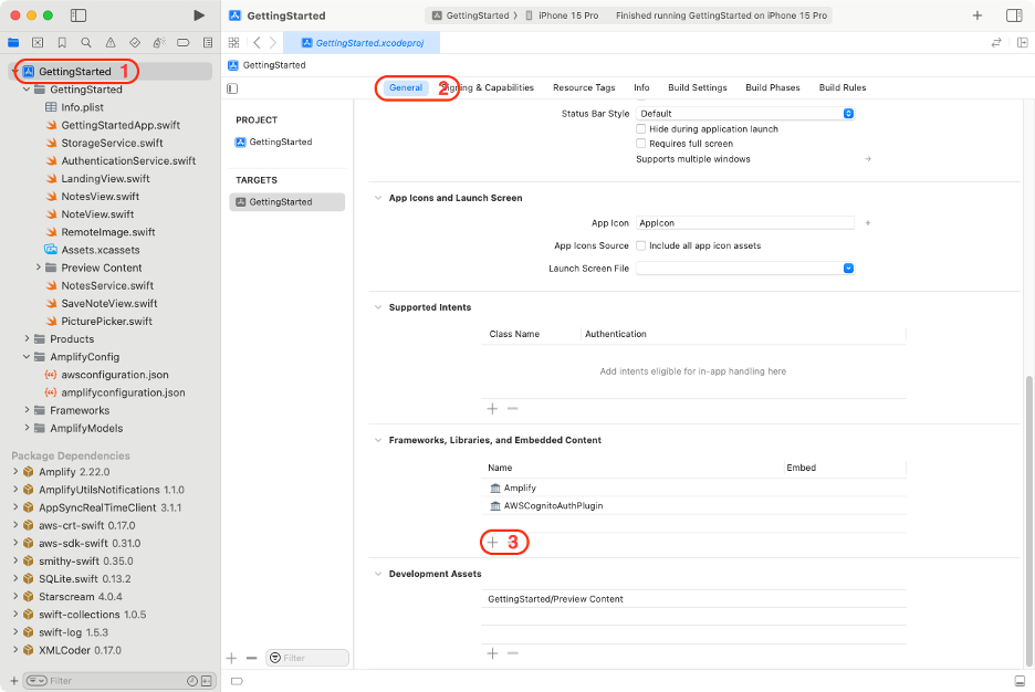 Screenshot of the Xcode project 'GettingStarted' showing the General tab for configuring frameworks, libraries, embedded content, and app settings as part of an AWS Amplify iOS app build tutorial.