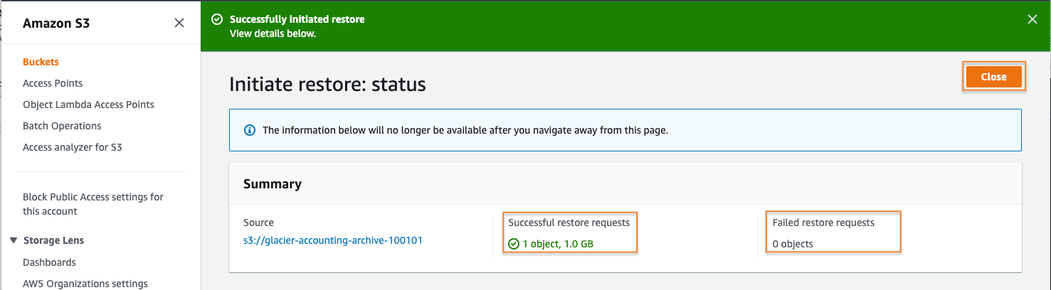 Screenshot showing the restore status page in Amazon S3 for Glacier storage classes, indicating a successfully initiated restore with 1 object restored and no failed restore requests.